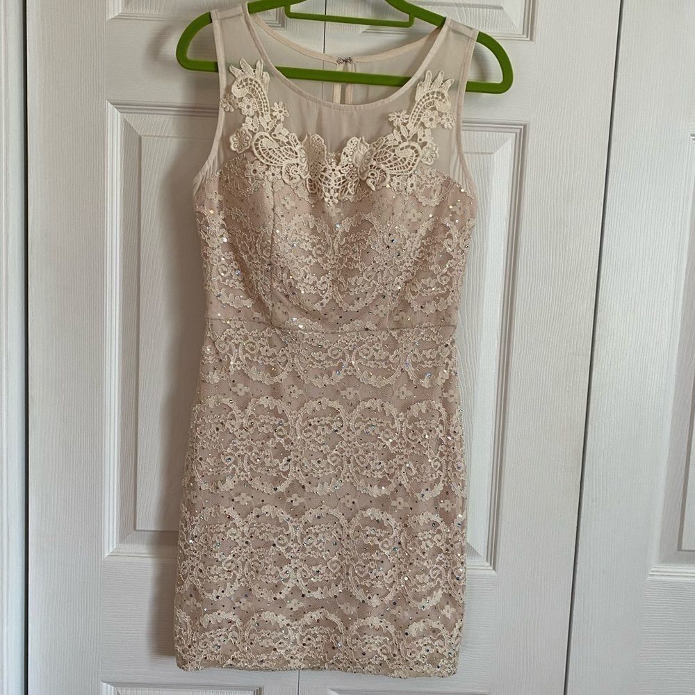 City Studio Champagne Lace Sheer Sequin Formal Dress